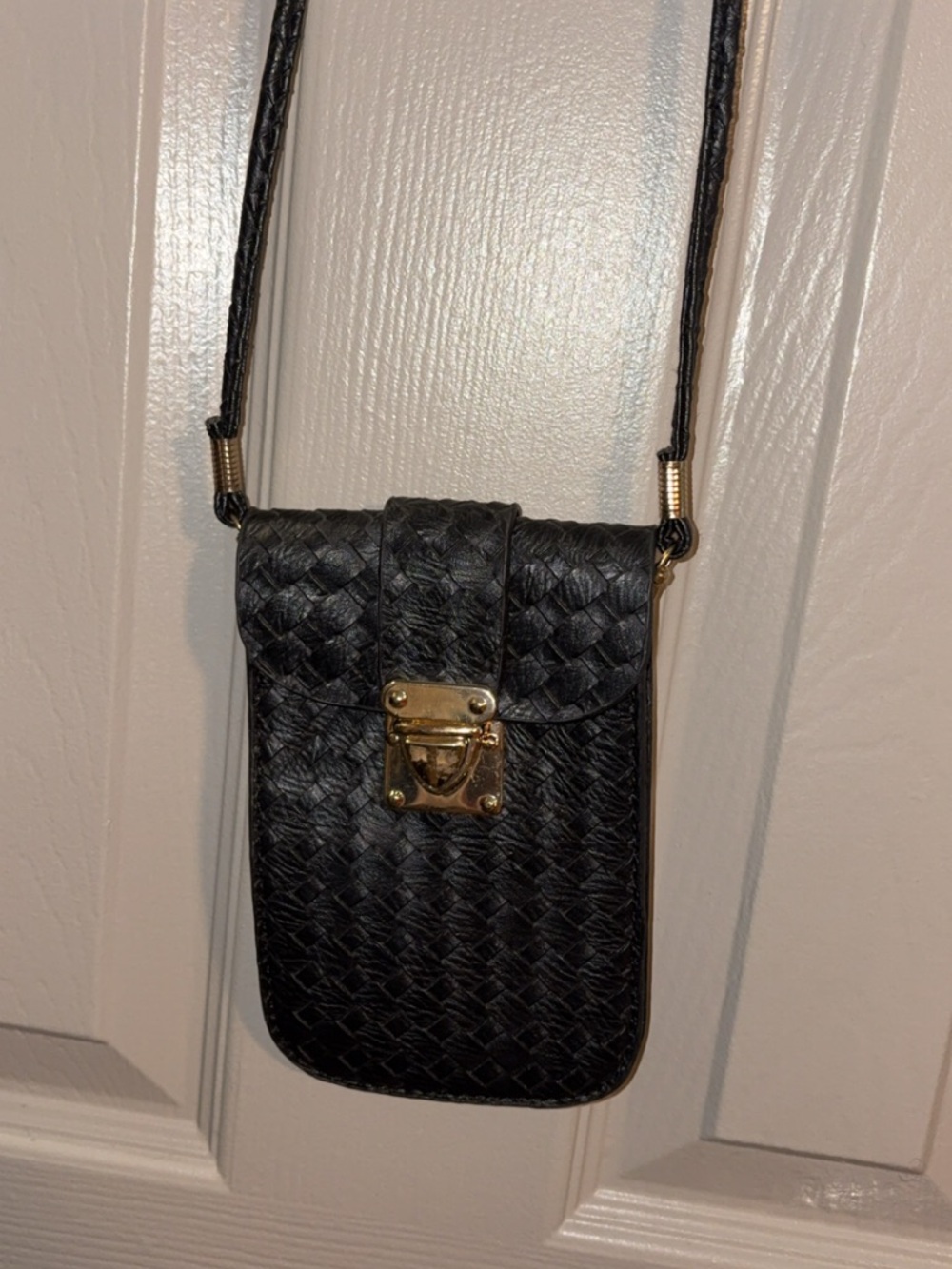 Black Woven Crossbody Phone Bag with Gold Lock
